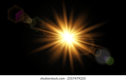 Lighting effect with glare from sunlight. Bright light. Golden highlights. Rays. Vector illustration.

