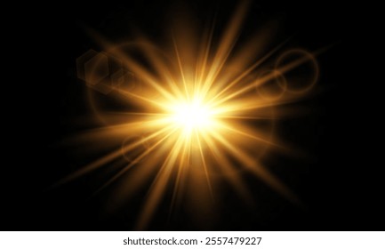 Lighting effect with glare from sunlight. Bright light. Golden highlights. Rays. Vector illustration.

