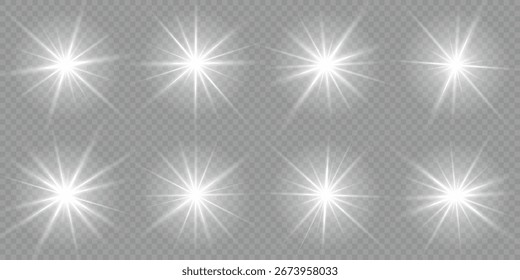 efectos de iluminación. Haz un rayo desde un foco y una estrella con bokeh y polvo. Lentes aisladas abstractas brillantes con efectos de luz. La luz brillante estalla con destellos. destellos de iluminación y estrellas blancas. Vector.