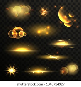 Lighting effects set. Yellow glowing light explodes on a transparent background. Set of lens flare and lighting effects. Glittering particles of fairy dust. Vector illustration