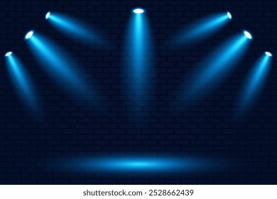 Lighting effects. Spotlight light effect. On a brick blue background.Holidays,scene.Vector graphics.