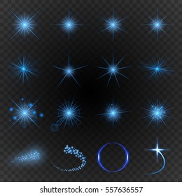 Lighting effects using cold blue hue. Sparkle, glare, flash, neon glow, etc. Vector illustration