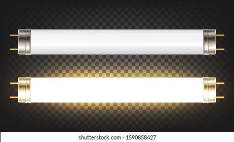 Lighting Electrical Energy Fluorescent Lamp Vector. Gas Excites Mercury Vapor Produce Short-wave Ultraviolet Light Causes Phosphor Coating On Inside Of Lamp To Glow. Template Realistic 3d Illustration