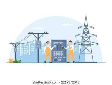 Servicio de iluminación y mantenimiento de energía eléctrica Gabinete de trabajo eléctrico técnico sobre caricaturas planas Plantillas dibujadas Ilustración