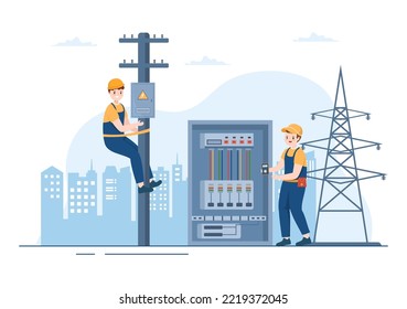 Lighting and Electricity Energy Maintenance Service Panel Cabinet of Technician Electrical Work on Flat Cartoon Hand Drawn Templates Illustration