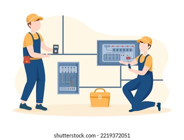 Lighting and Electricity Energy Maintenance Service Panel Cabinet of Technician Electrical Work on Flat Cartoon Hand Drawn Templates Illustration