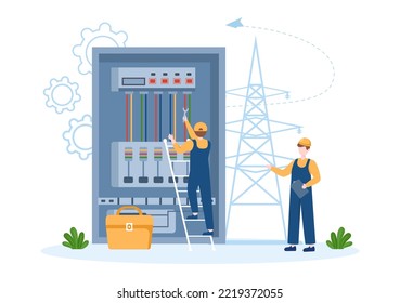 Lighting and Electricity Energy Maintenance Service Panel Cabinet of Technician Electrical Work on Flat Cartoon Hand Drawn Templates Illustration