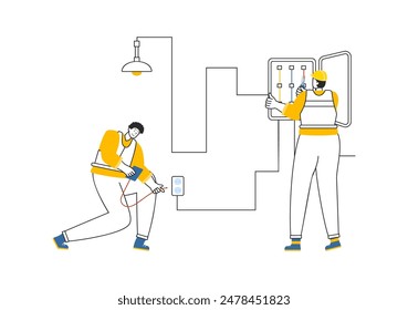 Lighting and Electricity Vector Illustration featuring a Light Bulb, Lamp, and Energy Maintenance Service Panel Cabinet for Technician Electrical Work