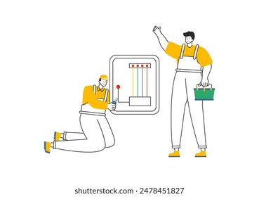 Iluminación y Ilustración vectorial eléctrica con bombilla, lámpara y gabinete de panel de servicio de mantenimiento de energía para trabajo eléctrico técnico