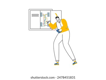 Lighting and Electricity Vector Illustration featuring a Light Bulb, Lamp, and Energy Maintenance Service Panel Cabinet for Technician Electrical Work