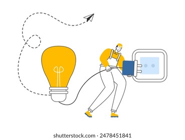 Lighting and Electricity Vector Illustration featuring a Light Bulb, Lamp, and Energy Maintenance Service Panel Cabinet for Technician Electrical Work
