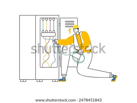 Lighting and Electricity Vector Illustration featuring a Light Bulb, Lamp, and Energy Maintenance Service Panel Cabinet for Technician Electrical Work