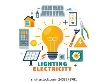 Lighting and Electricity Vector Illustration with Lamp and Energy Maintenance Service Panel Cabinet of Technician Electrical Work on Flat Background