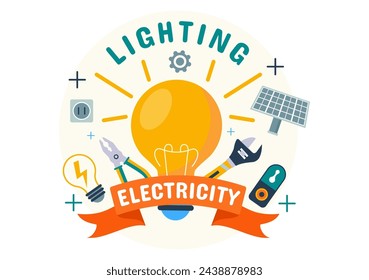 Lighting and Electricity Vector Illustration with Lamp and Energy Maintenance Service Panel Cabinet of Technician Electrical Work on Flat Background