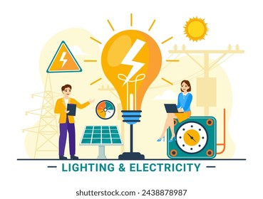 Lighting and Electricity Vector Illustration with Lamp and Energy Maintenance Service Panel Cabinet of Technician Electrical Work on Flat Background