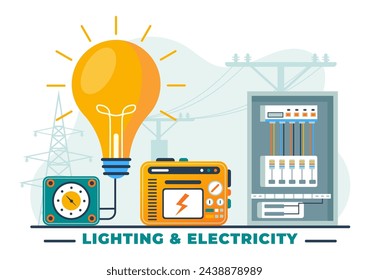 Lighting and Electricity Vector Illustration with Lamp and Energy Maintenance Service Panel Cabinet of Technician Electrical Work on Flat Background