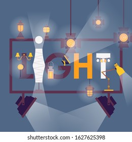 Lighting equipment poster, vector illustration. Light for interior design and professional studio, lamp, spotlight and lantern. Creative typographic concept store catalog cover, shop brochure template