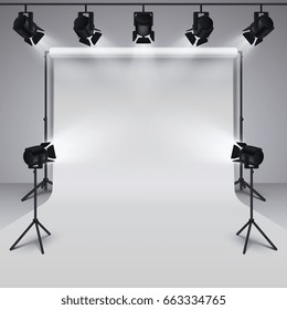 Lighting equipment and professional photography studio white blank background. 3d vector illustration. Studio for photography with light equipment