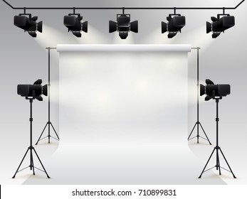 Lighting equipment and professional photography studio white blank background. Studio for photography with light equipment. Vector illustration. Isolated on gray background