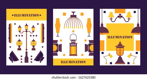 Lighting equipment store promotion banner, vector illustration. Collection of lamps and lanterns for home interior, spotlight catalog cover. Professional studio equipment shop advertisement campaign