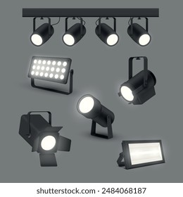 Lighting equipment studio light stage spotlight 3d lamp set realistic vector illustration. Concert cinematography photo video scene effect hanging and standing projector for glowing illumination