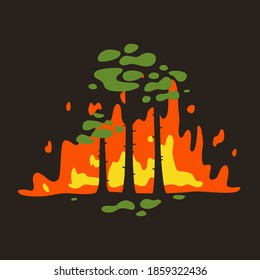 Encender un incendio en un bosque puede llevar a un incendio. Proteger el medio ambiente. Prevención de incendios en el bosque. Ilustración plana de instrucciones, carteles, designaciones de normas de conducta en el bosque.