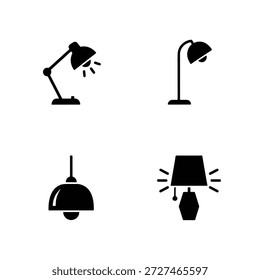 Lighting fixture icons set featuring desk lamps, floor lamps, and ceiling lights.