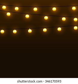 Lighting garland festive decoration, with strings of round lamps, on dark background. Vector illustration.