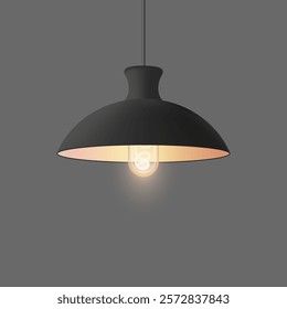 Lighting. Hanging black pendant lamp with glowing light bulb, warm ambiance. Interior lighting, modern design, home decor, illumination, and minimalist style for residential or commercial spaces