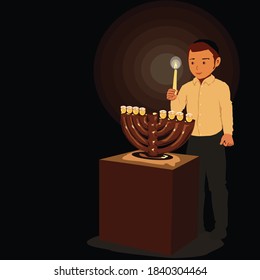 Iluminación de velas de Hanukkah (festividad judía)
Un niño religioso, ortodoxo, con una gran vela en la mano, delante de él está una menorah sobre una mesa.
Dibujo de vectores en tonos cálidos