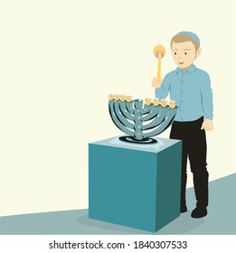 Lighting Hanukkah candles (Jewish holiday)
A religious, orthodox child, holding a large candle in his hand, in front of him is a menorah on a table.
Vector drawing in pastels tones