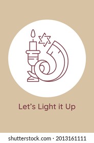 Lighting Hanukkah menorah postcard with linear glyph icon. Main ritual. Greeting card with decorative vector design. Simple style poster with creative lineart illustration. Flyer with holiday wish