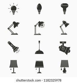 Lighting icon set. Black vector illustrations isolated on white. Simple pictograms for graphic and web design.