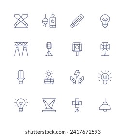 Leuchtsymbol eingestellt. Dünne Linie Symbol. Bearbeitbarer Strich. Mit Licht, Glühbirne, Scheinwerfer, Sonnendeck, intelligente Beleuchtung, Energie, Beleuchtung, Scheinwerfer, Deckenlampe, Strom.