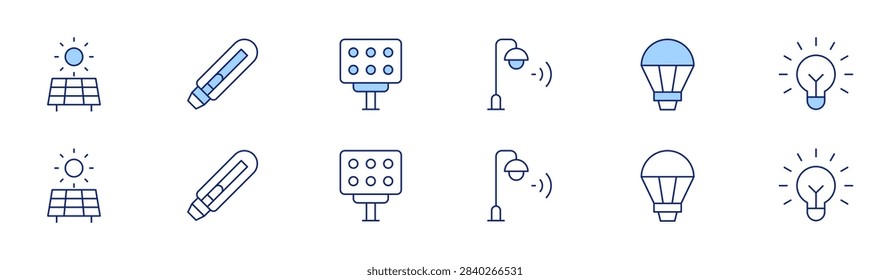 Lighting icon set in two styles, Duotone and Thin Line style. Editable stroke. lightbulb, ledlight, solarpanel, smartlighting, streetlight