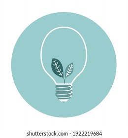 Icono de iluminación con dos hojas adentro. El icono simboliza la idea de un consumo de energía más amigable con el medio ambiente o de materiales de campaña sobre el tema de la energía renovable. 