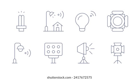 Lighting icons. Editable stroke. Containing streetlight, light, ledlight, spotlight, lightbulb.