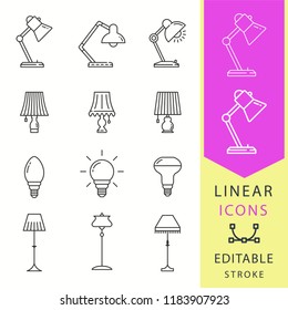 Lighting icons set. Black vector illustration isolated for graphic and web design. Editable stroke.