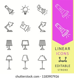 Lighting icons set. Black vector illustration isolated for graphic and web design. Editable stroke.