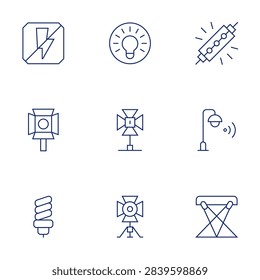 Lighting icons set. Thin Line style, editable stroke. ledlight, spotlight, lightbulb, noflash, spotlights, streetlight