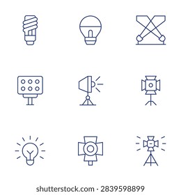 Lighting icons set. Thin Line style, editable stroke. lightbulb, ledlight, spotlight, studiolighting, spotlights