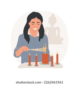 Lighting incense sticks isolated cartoon vector illustration. Buddhist woman praying and lighting sticks in temple, religious Holy days, spiritual observances and practices vector cartoon.