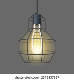 Lighting. Industrial-style pendant lamp with filament bulb enclosed metal cage. Modern decor, illumination, rustic design, interior lighting, and creative light fixtures for home or commercial spaces