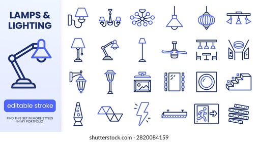 Lighting, interior lamp line icons set. Chandelier, ceiling fan, vanity mirror, LED strip, emergency exit flat minimal vector illustrations. Simple outline signs. Blue duotone color. Editable Stroke
