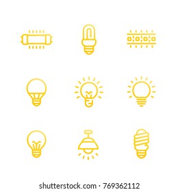 lighting, light bulbs, illumination line icons set, fluorescent, halogen lamps and led strip on white