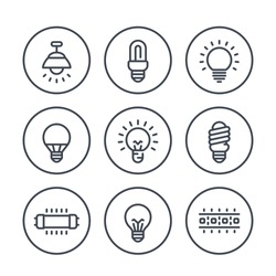 lighting, light bulbs line icons on white, LED, CFL, fluorescent, halogen lamps and led strip