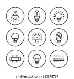 lighting, light bulbs line icons on white, LED, CFL, fluorescent, halogen lamps and led strip