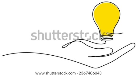 Lighting lightbulb on hand one continuous line drawing. Electric yellow lamp. Brainstorm linear symbol. Vector isolated on white.