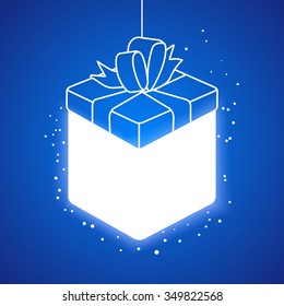 Lighting linear gift box at blue background. Holidays background. Vector flat lamp box. 