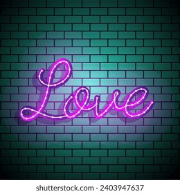 Mensajes de amor iluminados Mensajes de texto sobre la brillante pared de ladrillo verde. 